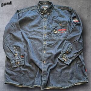 FUBU Shirt Mens 3XL Blue Denim Button Down The Collection Jeans Embroidered